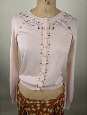 1990's blumarine pink silk beaded cardigan sweater